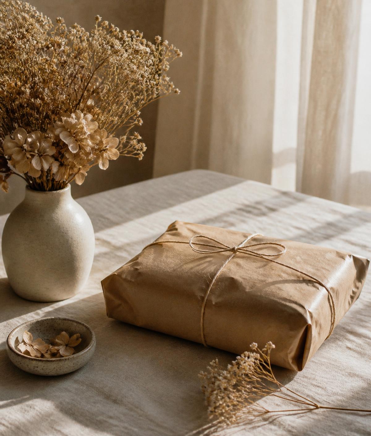 Warm eingepacktes Paket auf einem Leinentisch mit Trockenblumen
