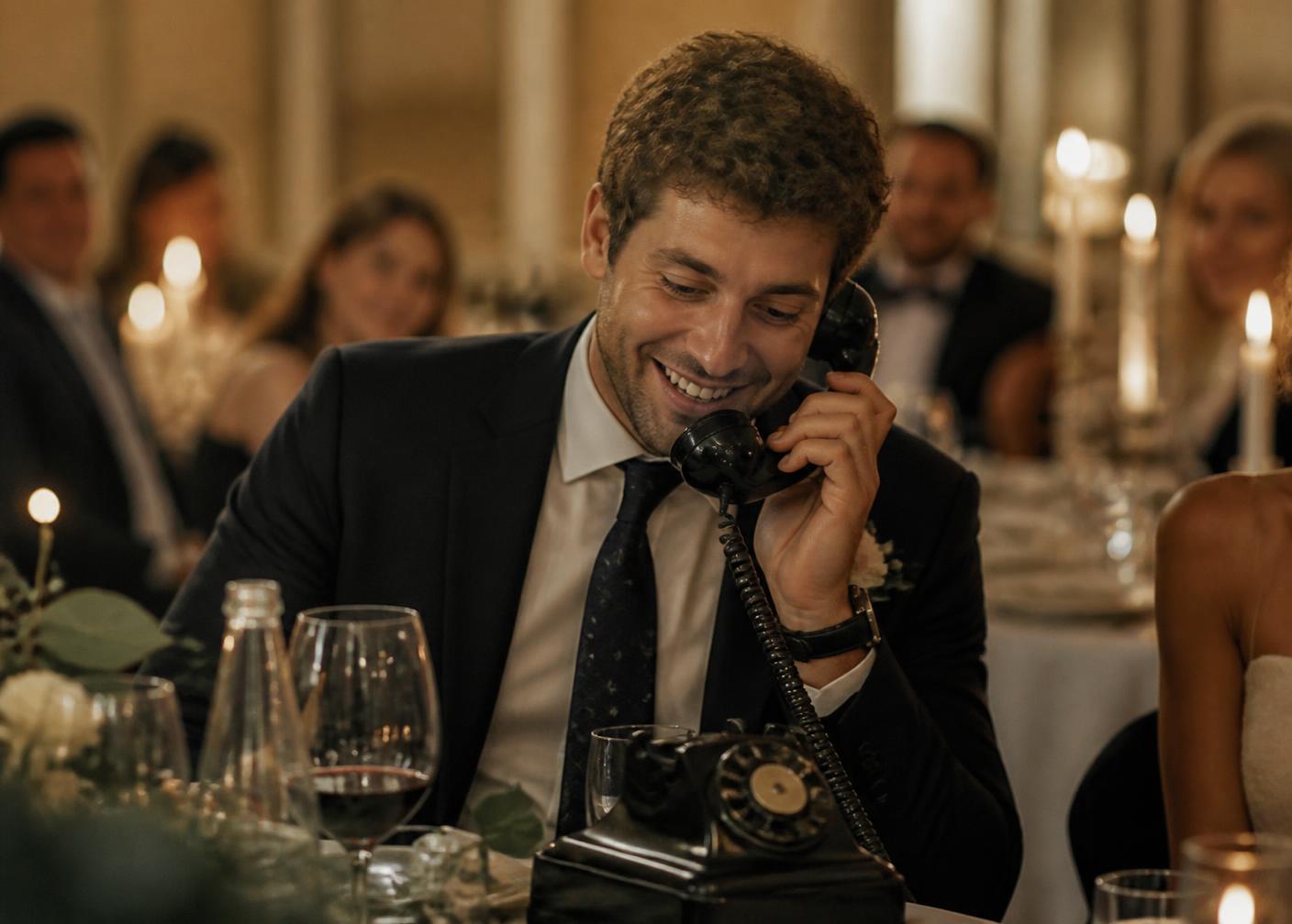 Hochzeitsgast spricht lachend eine Nachricht in den Telefonhörer